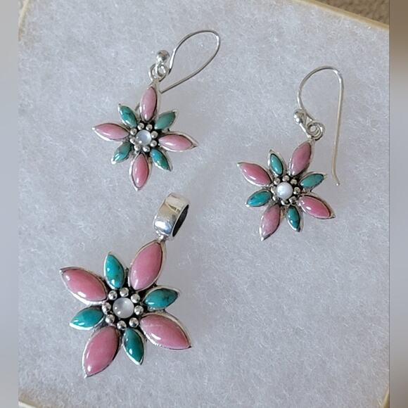 Sterling Silver Pink & Turquoise Flower Jewelry Set – Pendant & Earrings (925) - Picture 1 of 4